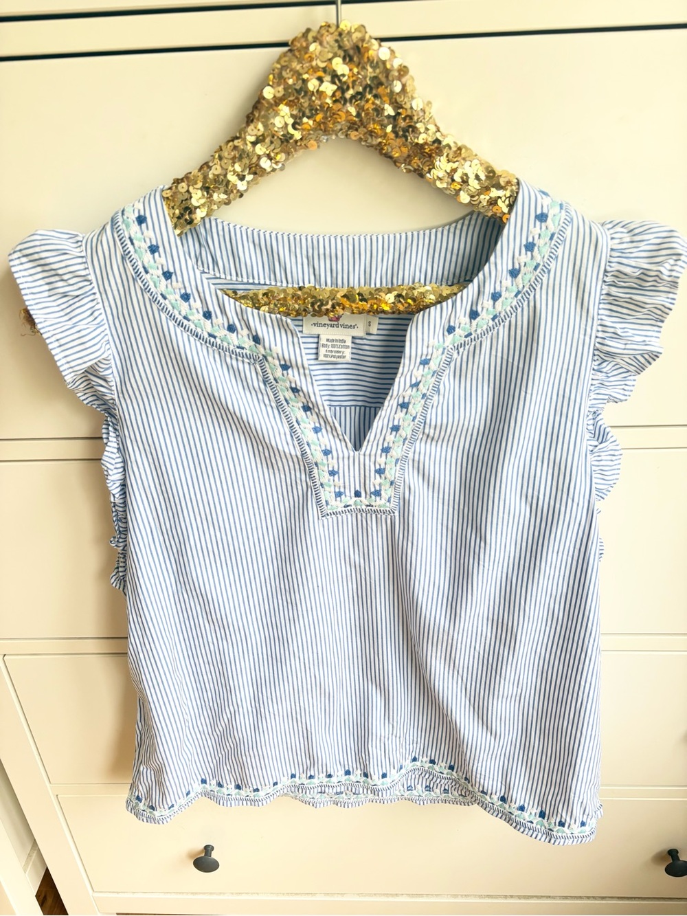Vineyard Vines Striped Embroidered Flutter Sleeve Top Sz Small